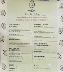 Avocado show Amsterdam menu